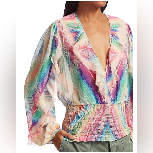 Le Superbe Good Vibrations Print Ruffle Blouse M - Picture 3 of 12